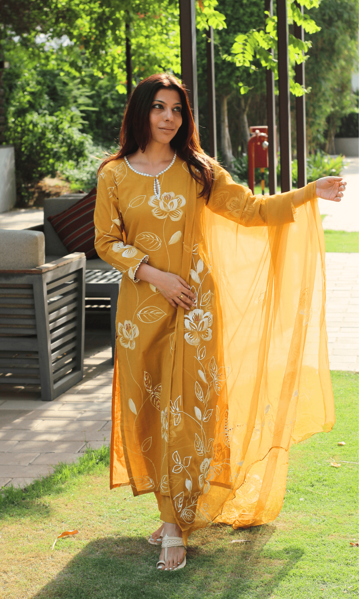 Cotton Mustard Yellow Pearl Handbrush Painted Suit with Chiffon Hand Painted Dupatta - Baareeki