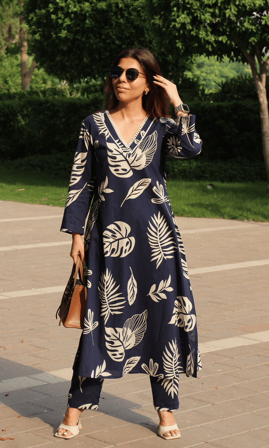 Cotton Navy Blue Big Leaf Laced A line Kurta & Pant Set - Baareeki