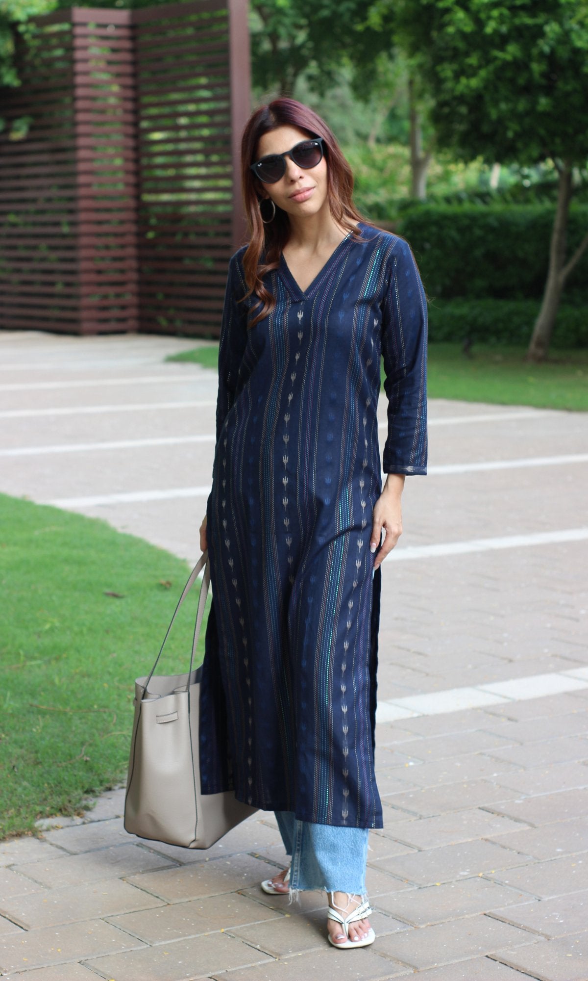 Cotton Navy Blue Ikkat Weaved Kurta - Baareeki