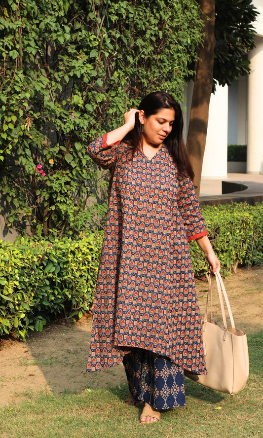 Cotton Navy Blue Palace Print High Low Kurta & Palazzo - Baareeki