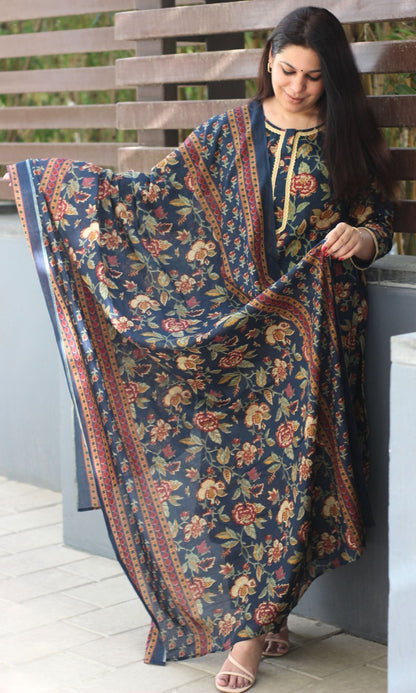 Cotton Navy Blue Printed Suit Set with Printed Cotton Dupatta - Baareeki