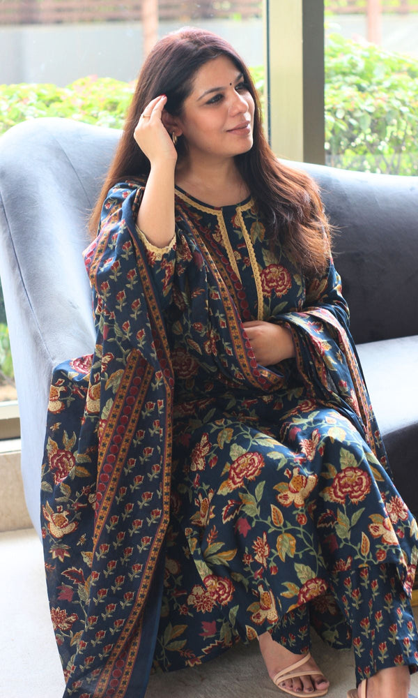 Blue - Natural Dyed Brush Design Ajrakh Print Cotton Suit Set with Dupatta for women 12