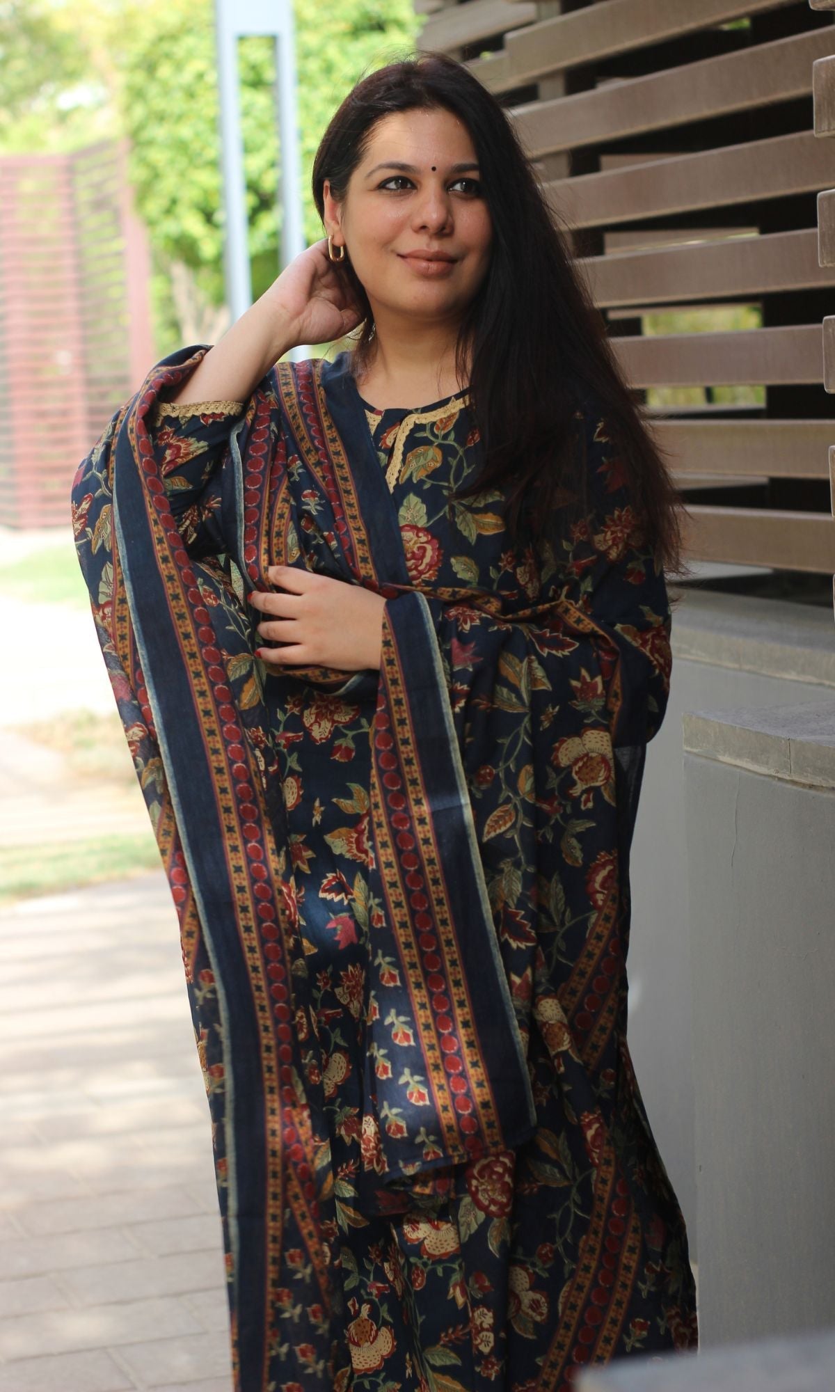 Cotton Navy Blue Printed Suit Set with Printed Cotton Dupatta - Baareeki