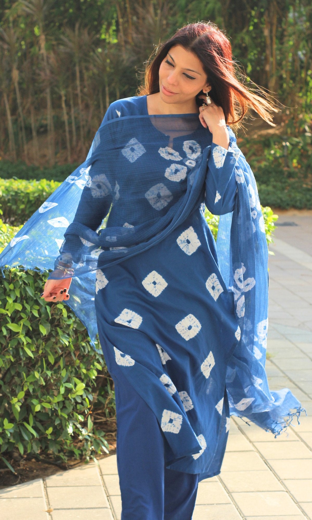 Cotton Navy Blue Shibori Suit with Kota Doria Dupatta - Baareeki