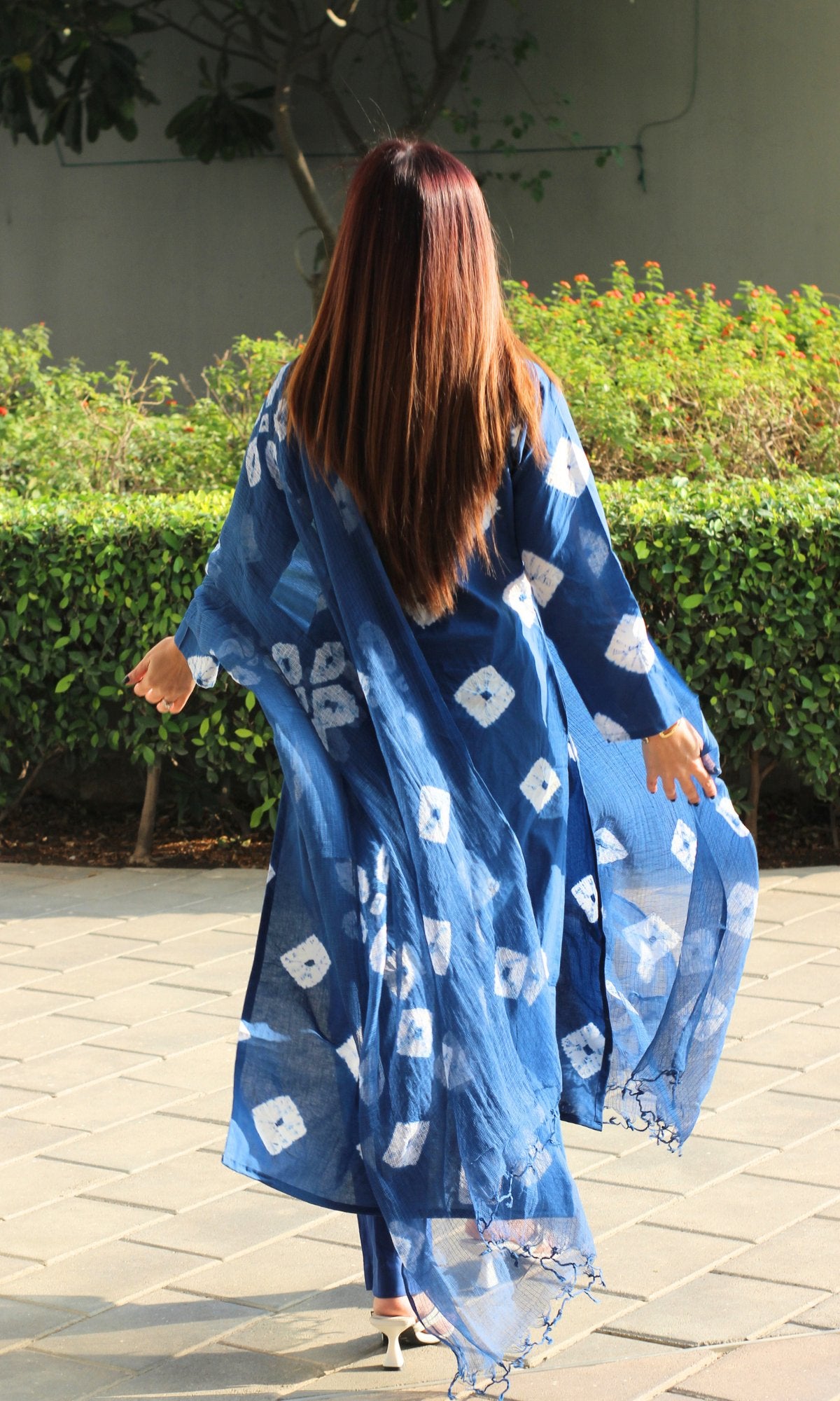 Cotton Navy Blue Shibori Suit with Kota Doria Dupatta - Baareeki