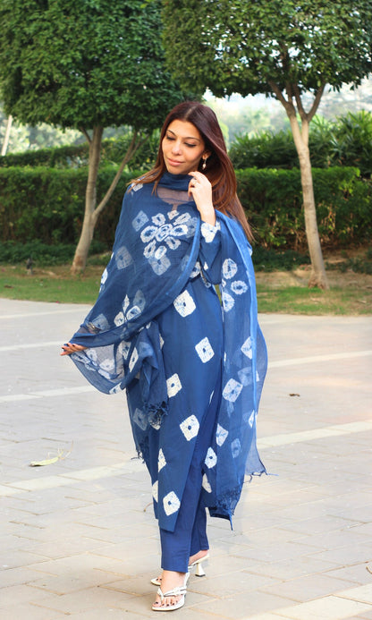 Cotton Navy Blue Shibori Suit with Kota Doria Dupatta - Baareeki