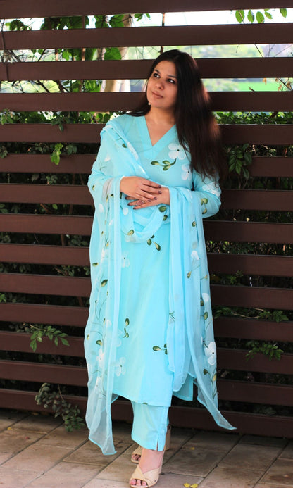 Cotton Ocean Blue Handbrush Suit Set with Chiffon Handpainted Dupatta - Baareeki