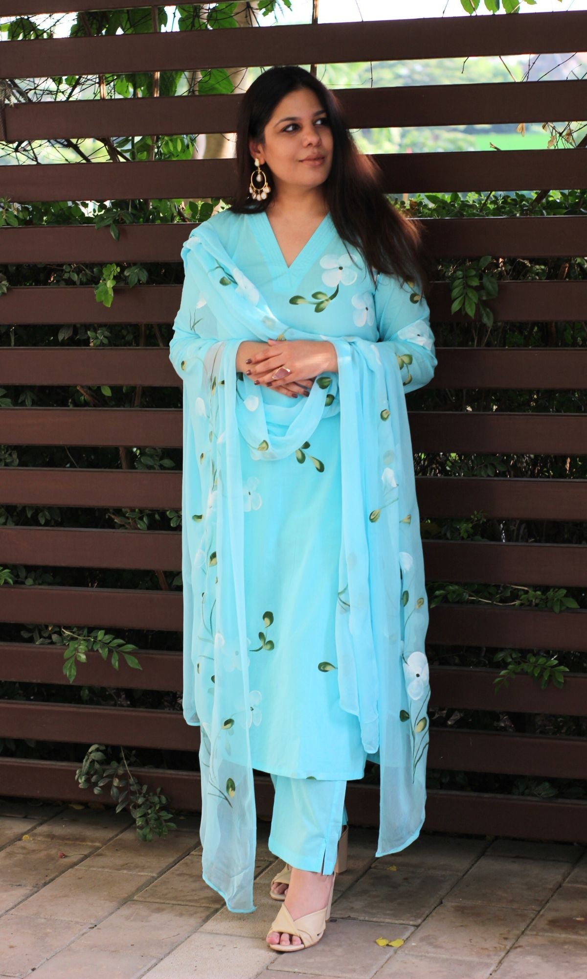 Cotton Ocean Blue Handbrush Suit Set with Chiffon Handpainted Dupatta - Baareeki