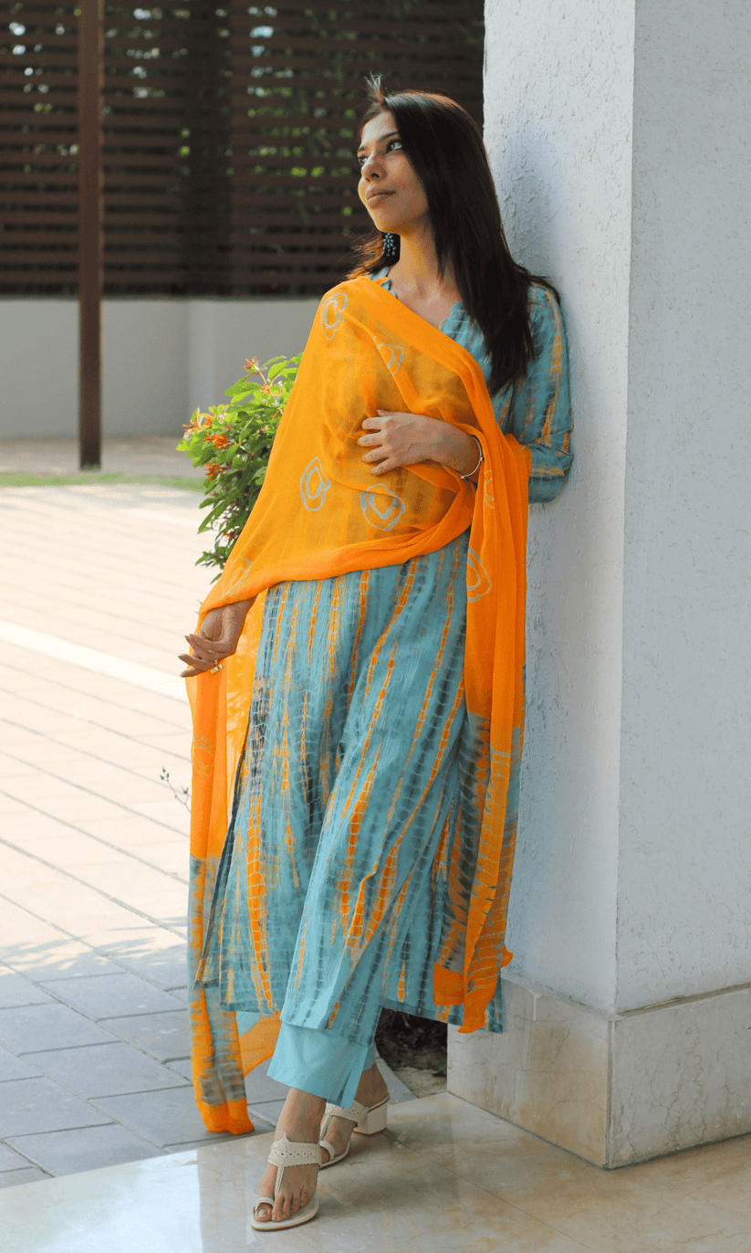 Marigold Orange Cotton Dupatta with Royal Blue Embroidered Border main image 0