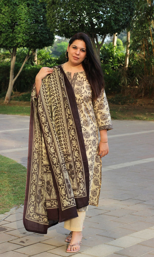 Cotton Off White & Black Kalamkari Print Suit with Printed Dupatta - Baareeki