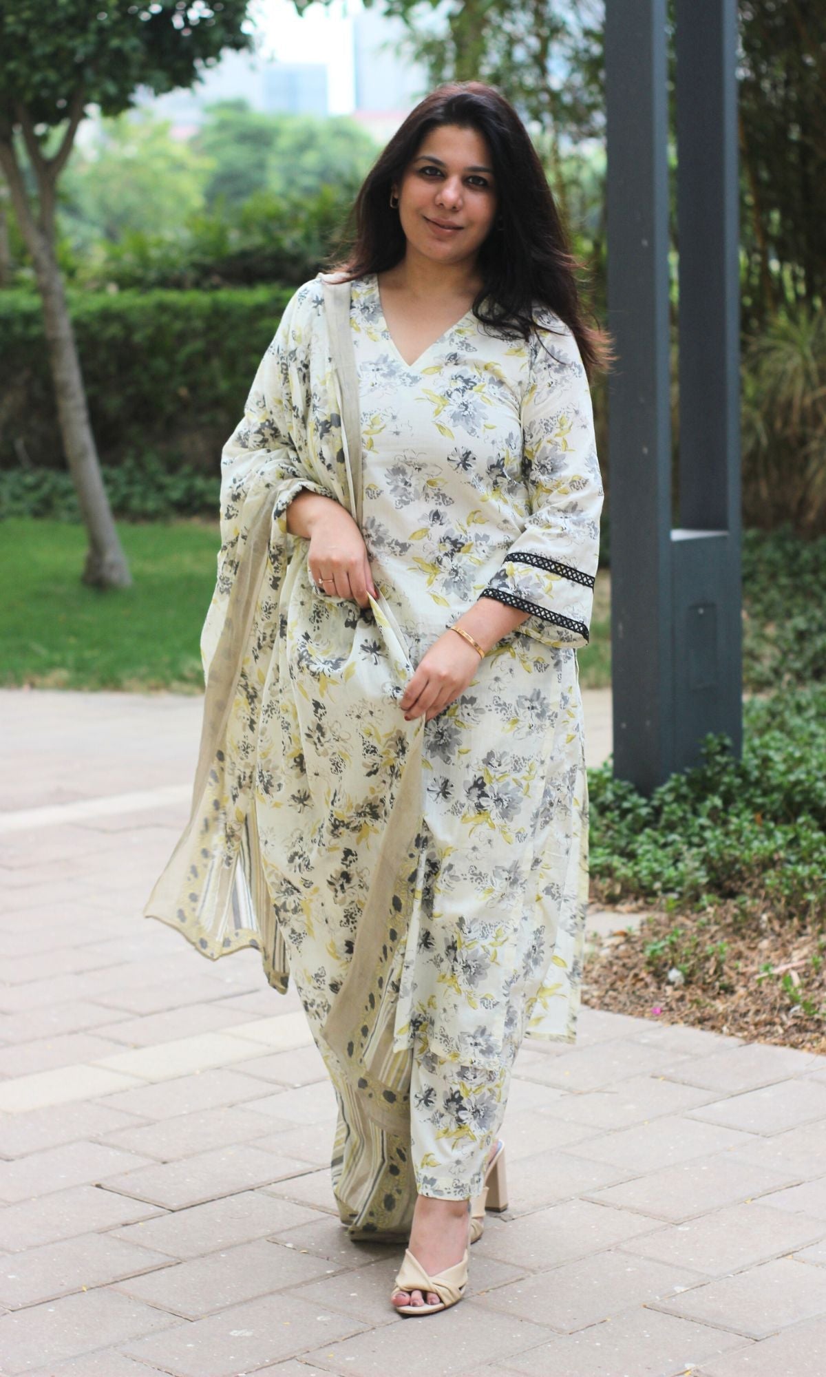 Cotton Off White Bloom Story Bell Sleeves Suit Set with Cotton Dupatta - Baareeki