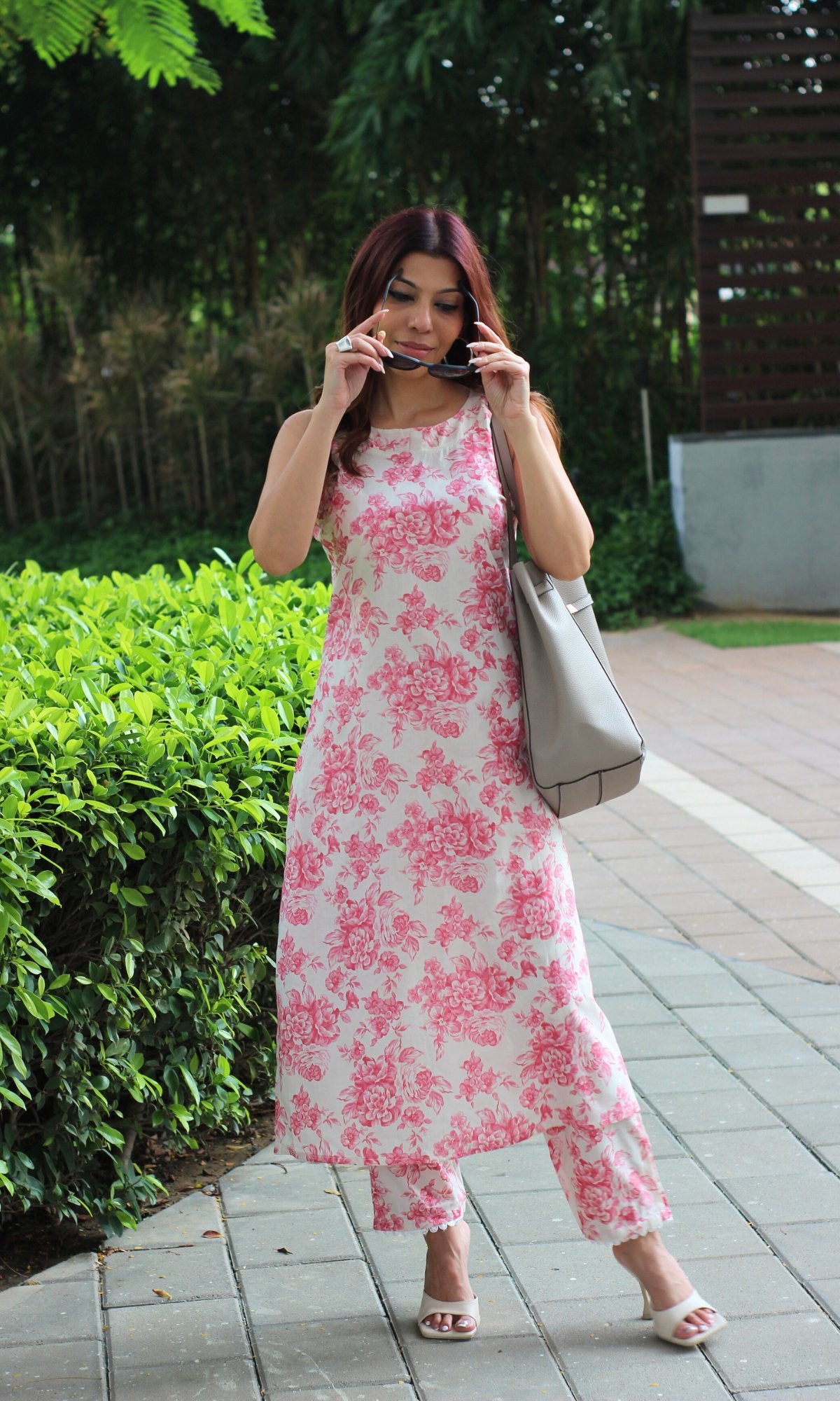 Cotton Off White & Pink Floral Boat Neck Coord Set - Baareeki