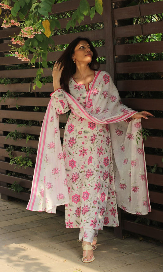 Cotton Off White & Pink Meadow Print Suit with Lace Detailing & Cotton Printed Dupatta - Baareeki