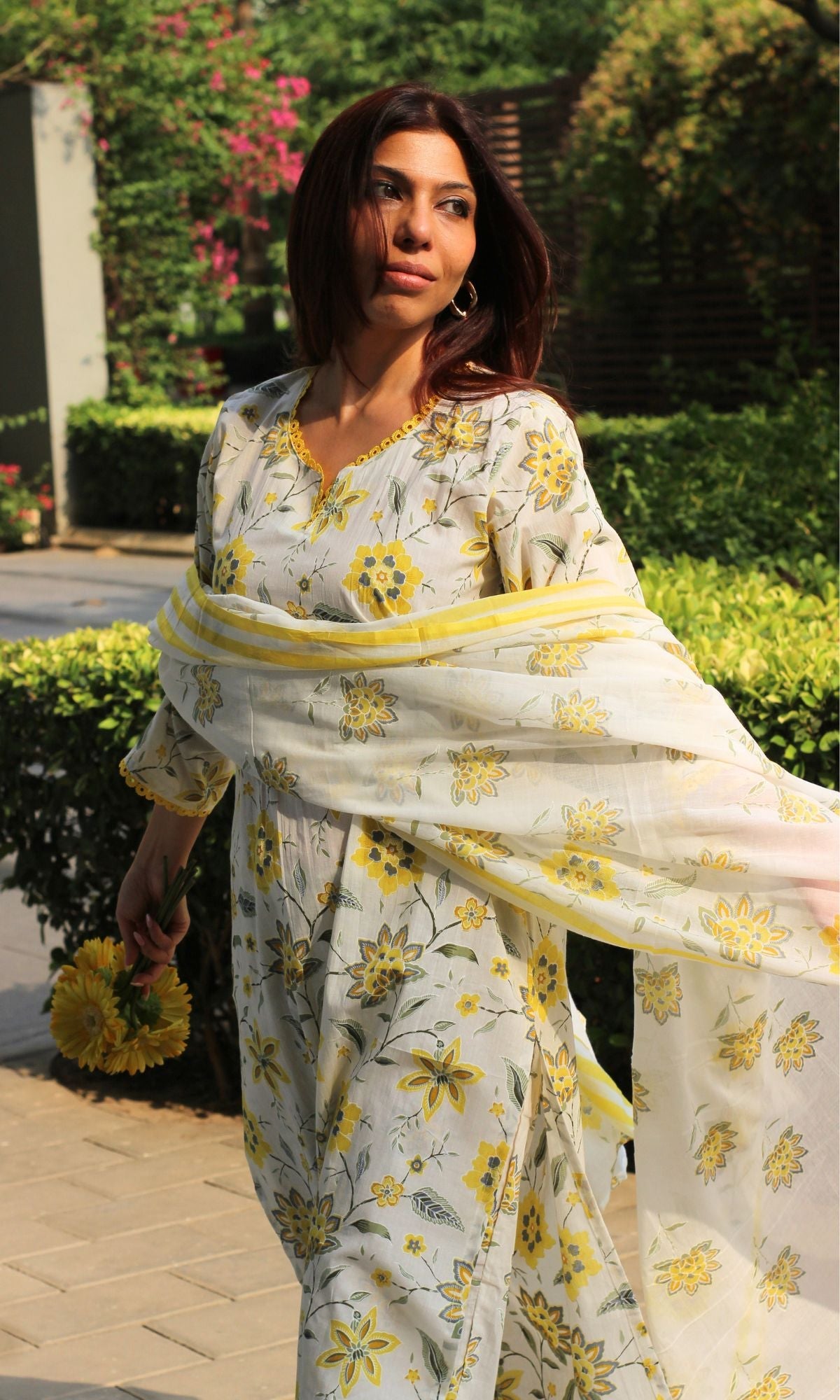 Cotton Off White & Yellow Blossom Print Suit with Lace Detailing & Cotton Printed Dupatta - Baareeki