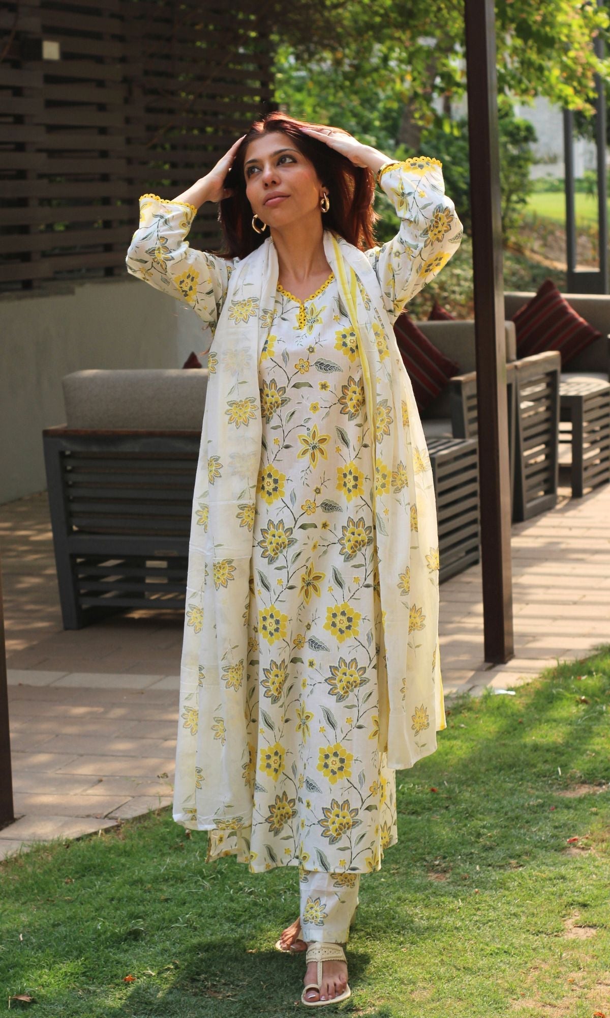 Cotton Off White & Yellow Blossom Print Suit with Lace Detailing & Cotton Printed Dupatta - Baareeki