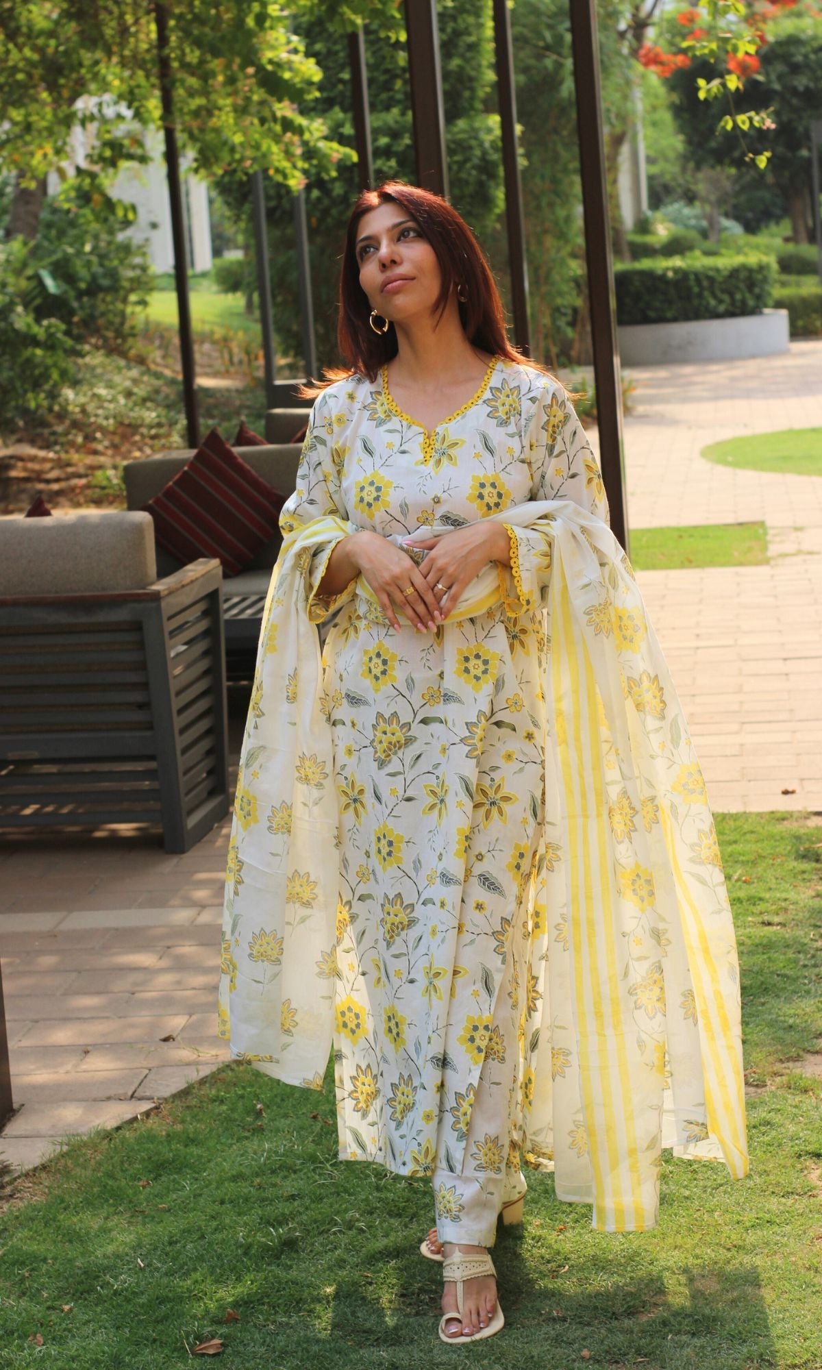 Cotton Off White & Yellow Blossom Print Suit with Lace Detailing & Cotton Printed Dupatta - Baareeki