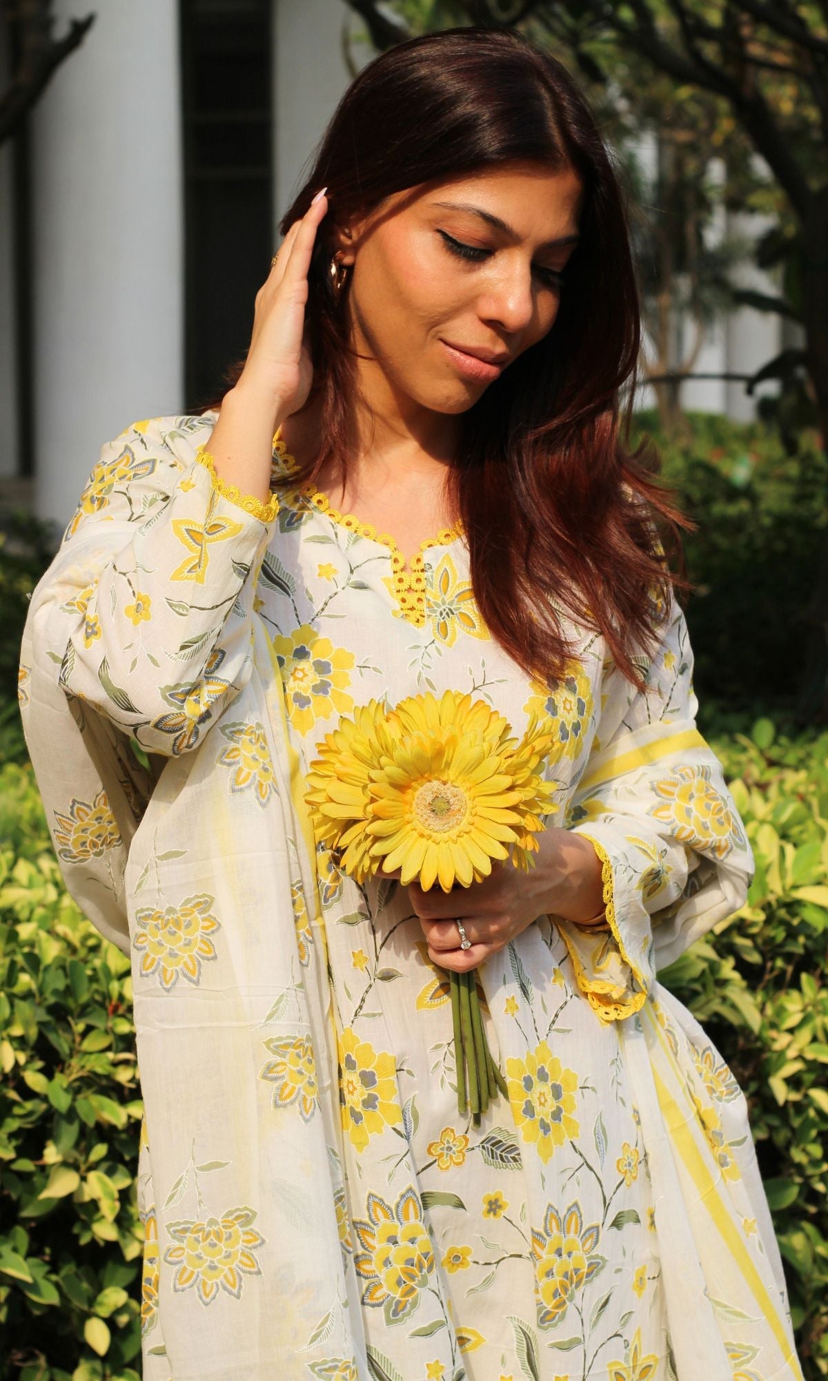 Cotton Off White & Yellow Blossom Print Suit with Lace Detailing & Cotton Printed Dupatta - Baareeki