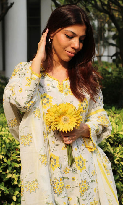Cotton Off White & Yellow Blossom Print Suit with Lace Detailing & Cotton Printed Dupatta - Baareeki