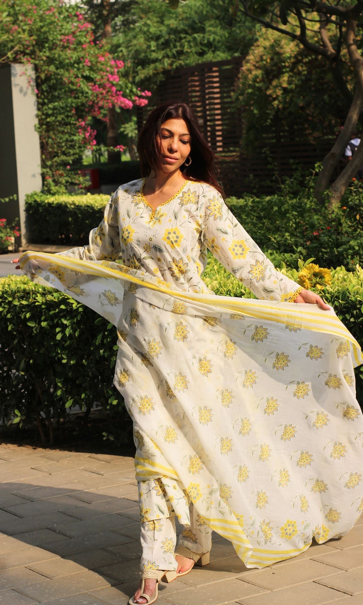 Cotton Off White & Yellow Blossom Print Suit with Lace Detailing & Cotton Printed Dupatta - Baareeki
