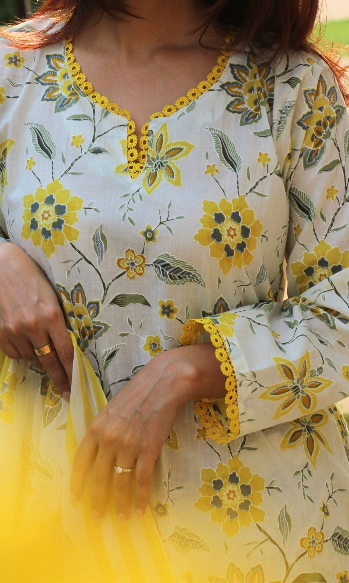 Cotton Off White & Yellow Blossom Print Suit with Lace Detailing & Cotton Printed Dupatta - Baareeki