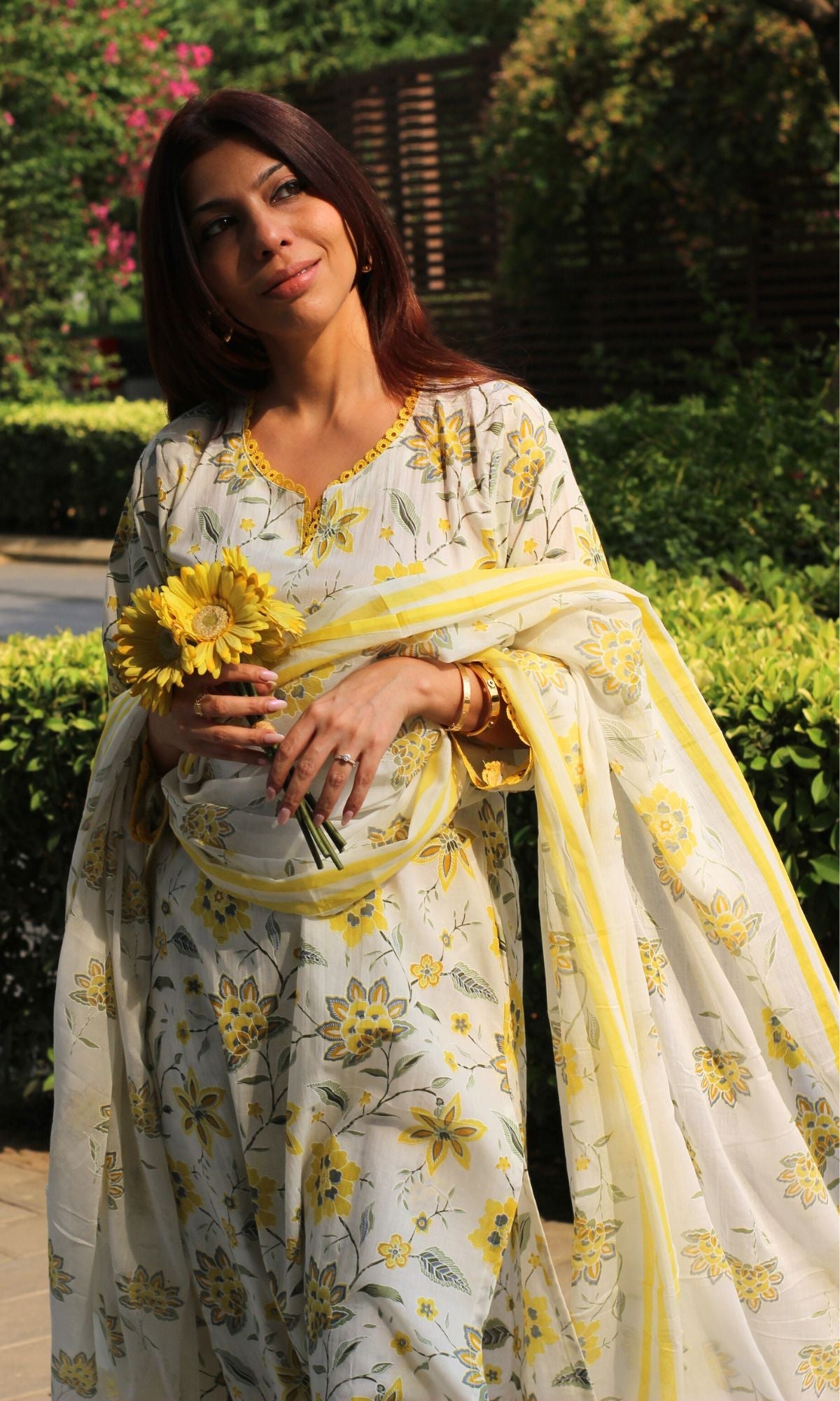 Cotton Off White & Yellow Blossom Print Suit with Lace Detailing & Cotton Printed Dupatta - Baareeki