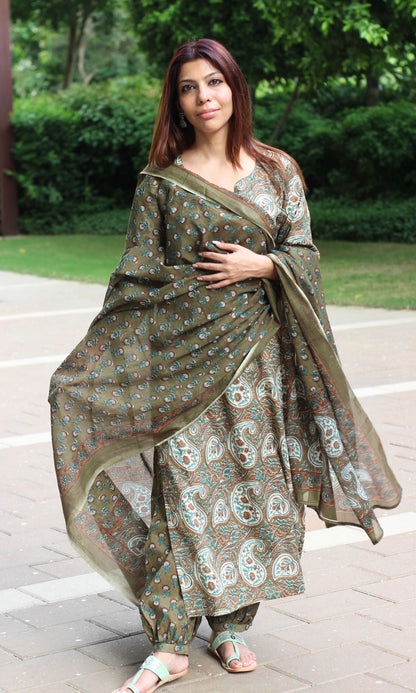 Cotton Olive Green Kalamkari Kurta with Afgani Pants and Cotton Printed Dupatta - Baareeki