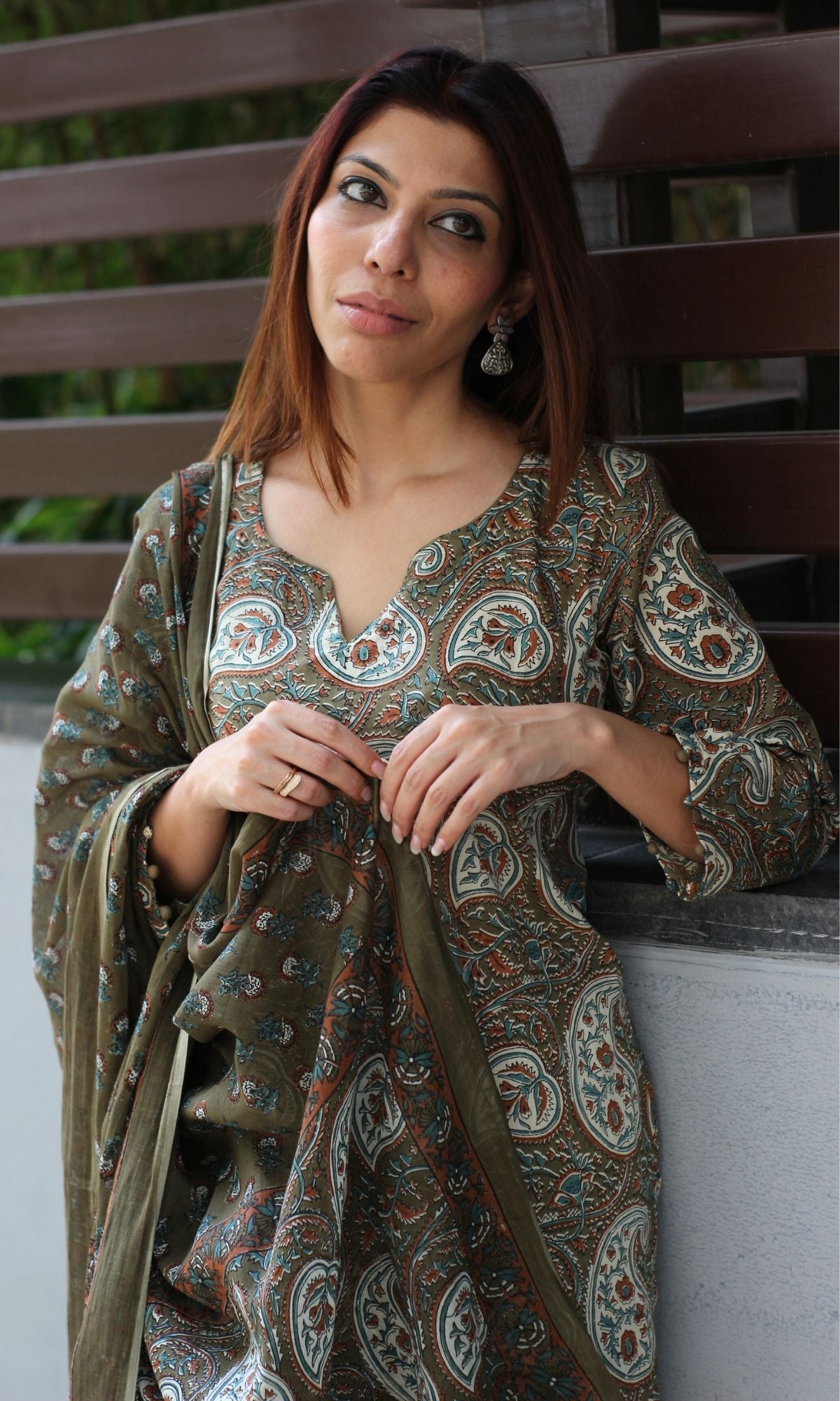 Cotton Olive Green Kalamkari Kurta with Afgani Pants and Cotton Printed Dupatta - Baareeki