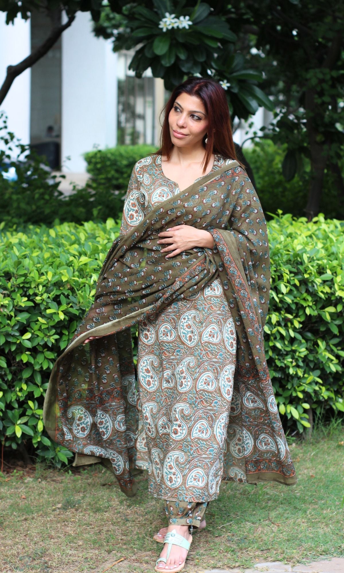 Cotton Olive Green Kalamkari Kurta with Afgani Pants and Cotton Printed Dupatta - Baareeki