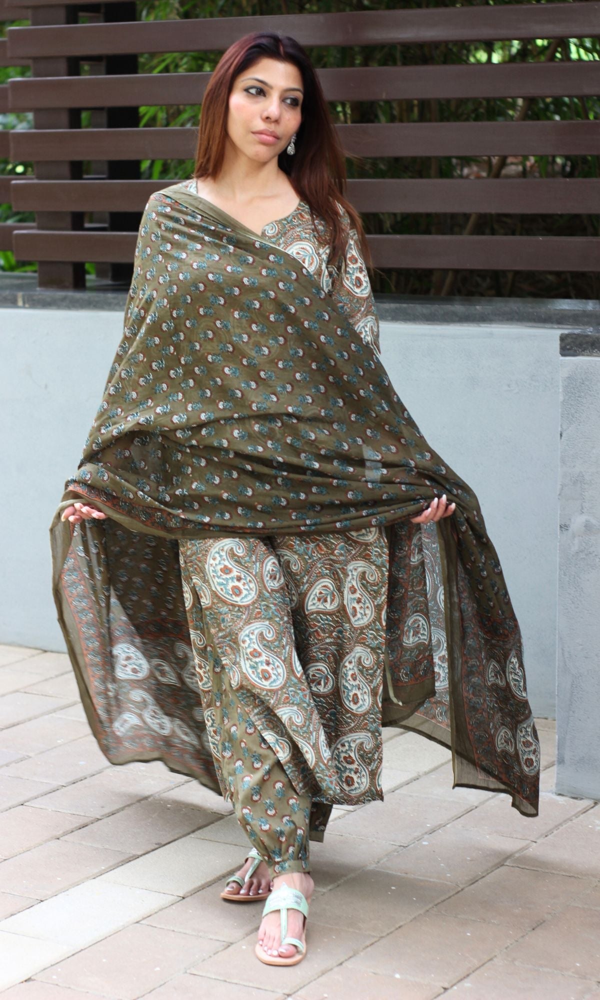 Cotton Olive Green Kalamkari Kurta with Afgani Pants and Cotton Printed Dupatta - Baareeki