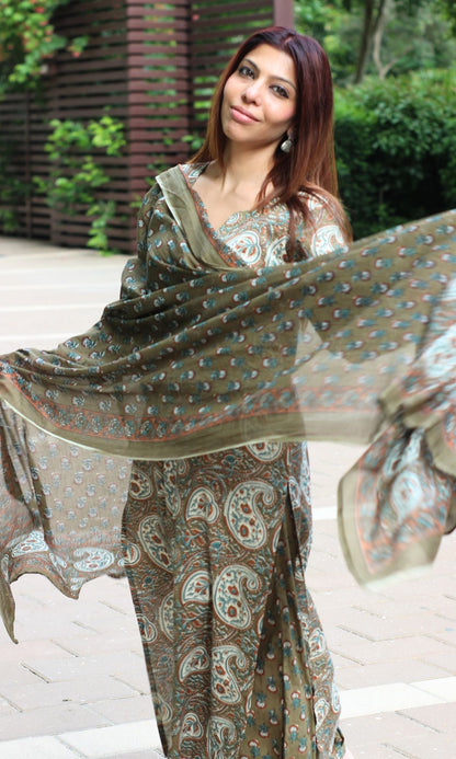 Cotton Olive Green Kalamkari Kurta with Afgani Pants and Cotton Printed Dupatta - Baareeki