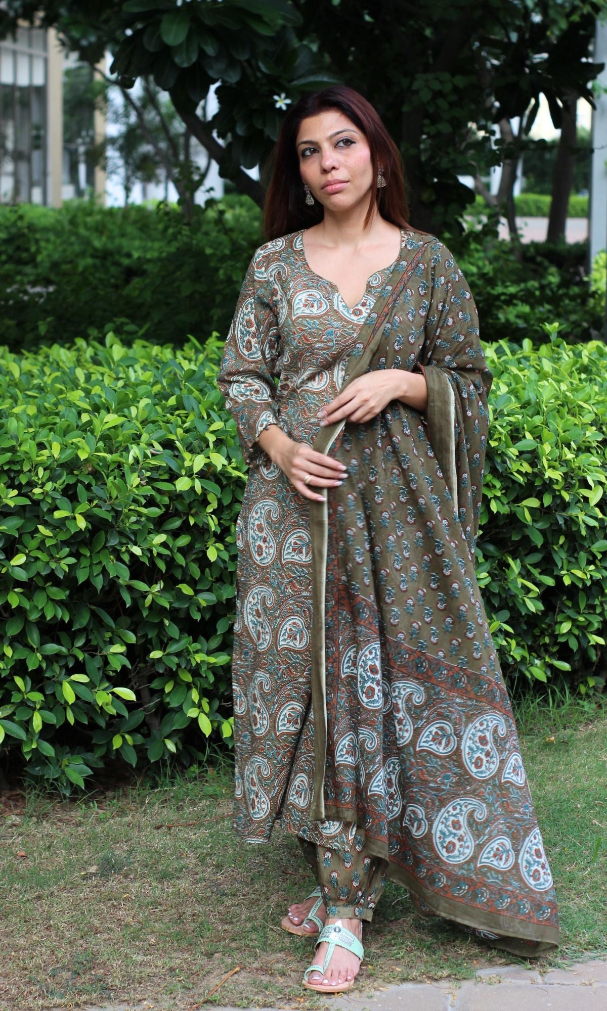 Cotton Olive Green Kalamkari Kurta with Afgani Pants and Cotton Printed Dupatta - Baareeki