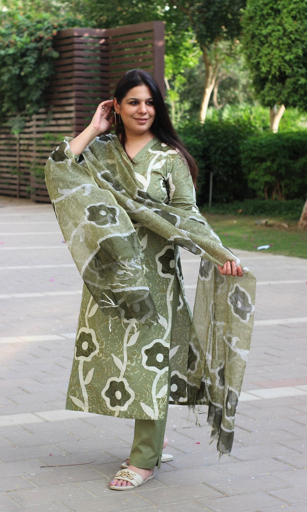 Cotton Olive Hand Painted Straight Kurta & Pants with Kota Doria Painted Dupatta - Baareeki