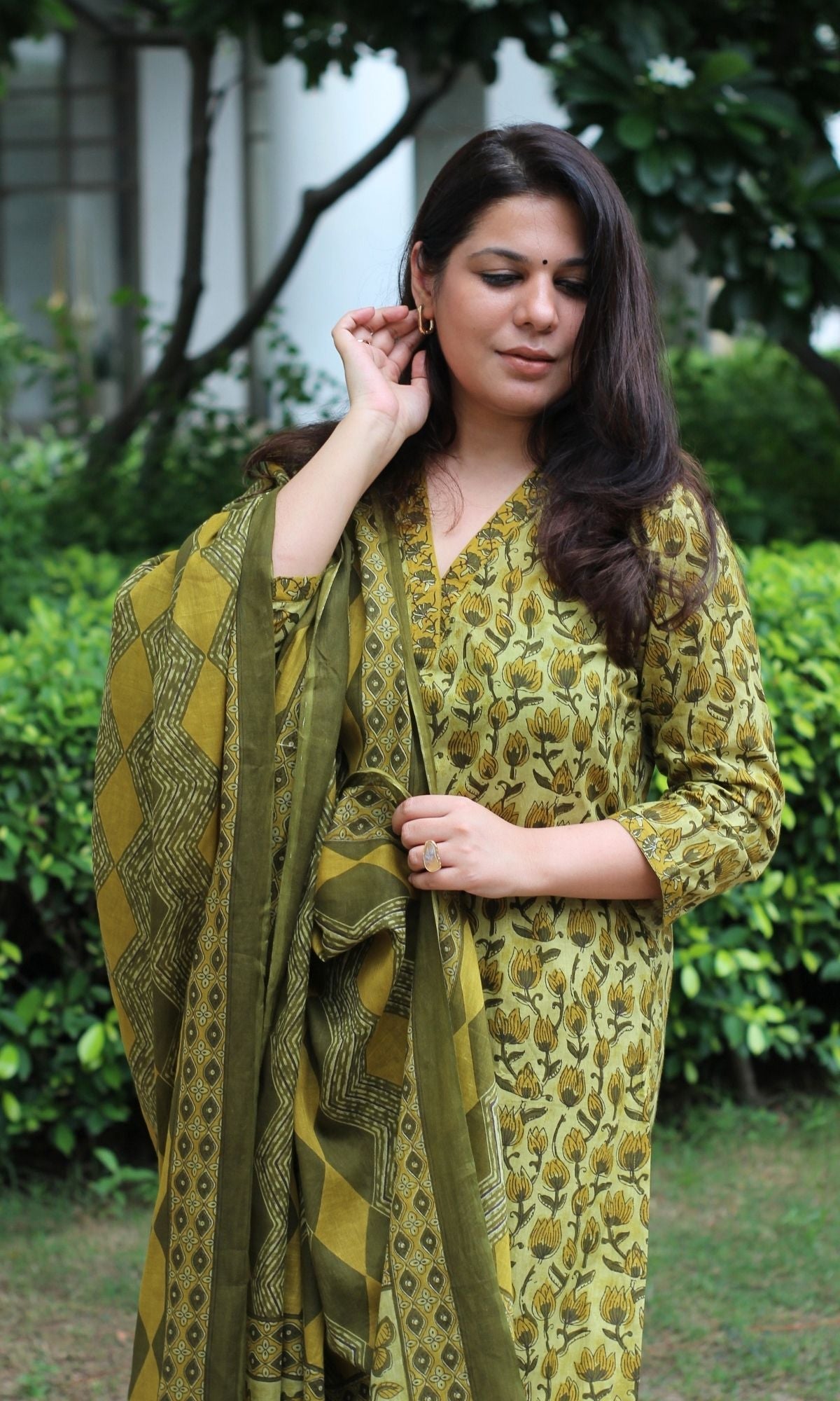 Cotton Olive & Mustard Suit Set with Cotton Printed Dupatta - Baareeki