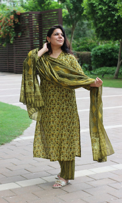 Cotton Olive & Mustard Suit Set with Cotton Printed Dupatta - Baareeki