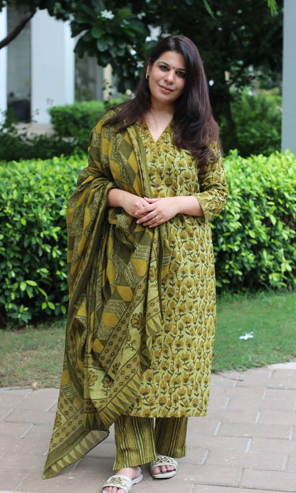 Cotton Olive & Mustard Suit Set with Cotton Printed Dupatta - Baareeki