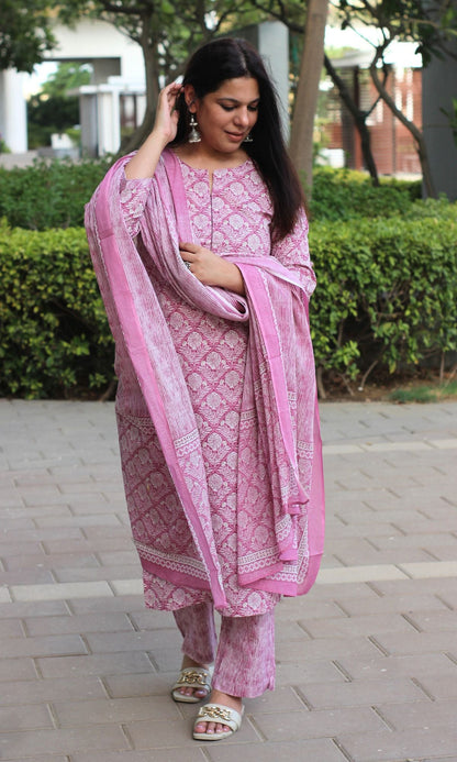 Cotton Onion Pink Printed Suit Set with Printed Cotton Dupatta - Baareeki