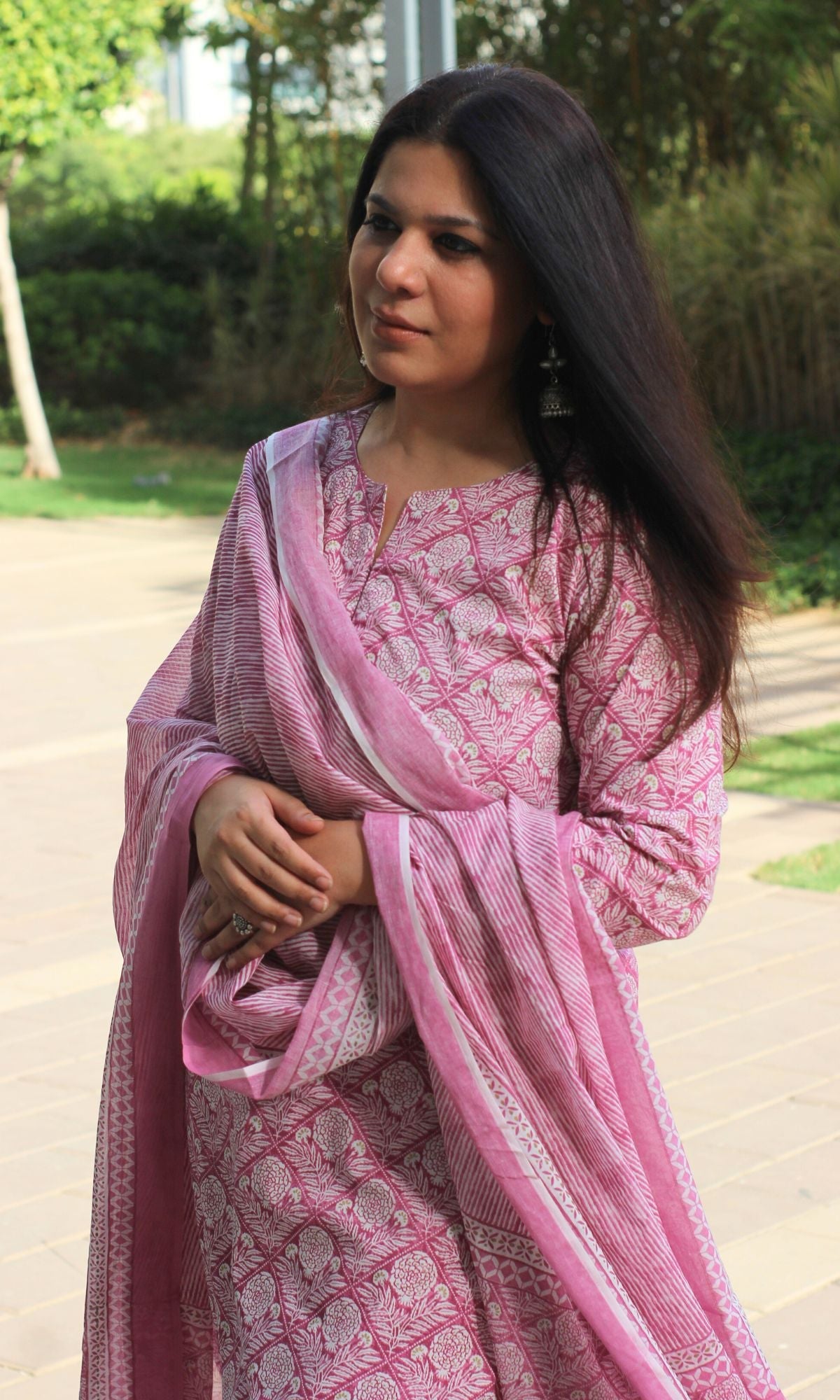 Cotton Onion Pink Printed Suit Set with Printed Cotton Dupatta - Baareeki