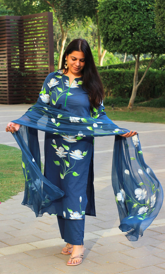 Cotton Oxford Blue Hand Painted Suit with Chiffon Handpainted Dupatta - Baareeki