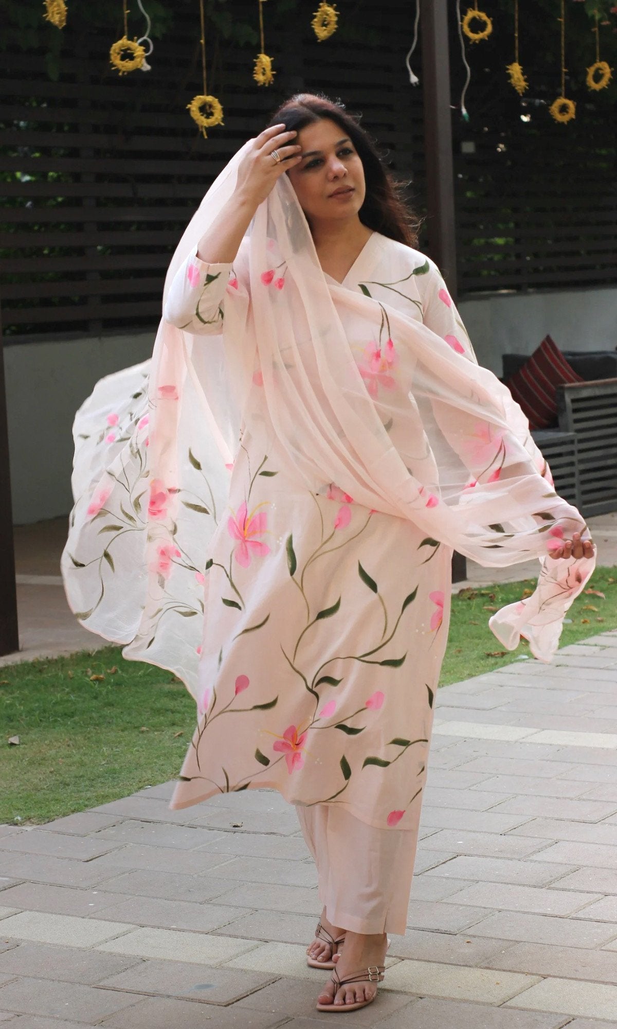 Cotton Pale Pink Handbrush painted suit with chiffon hand painted dupatta - Baareeki