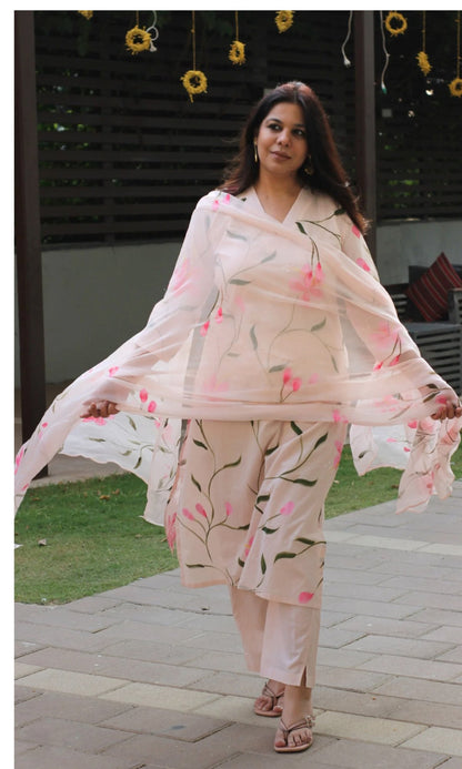 Cotton Pale Pink Handbrush painted suit with chiffon hand painted dupatta - Baareeki