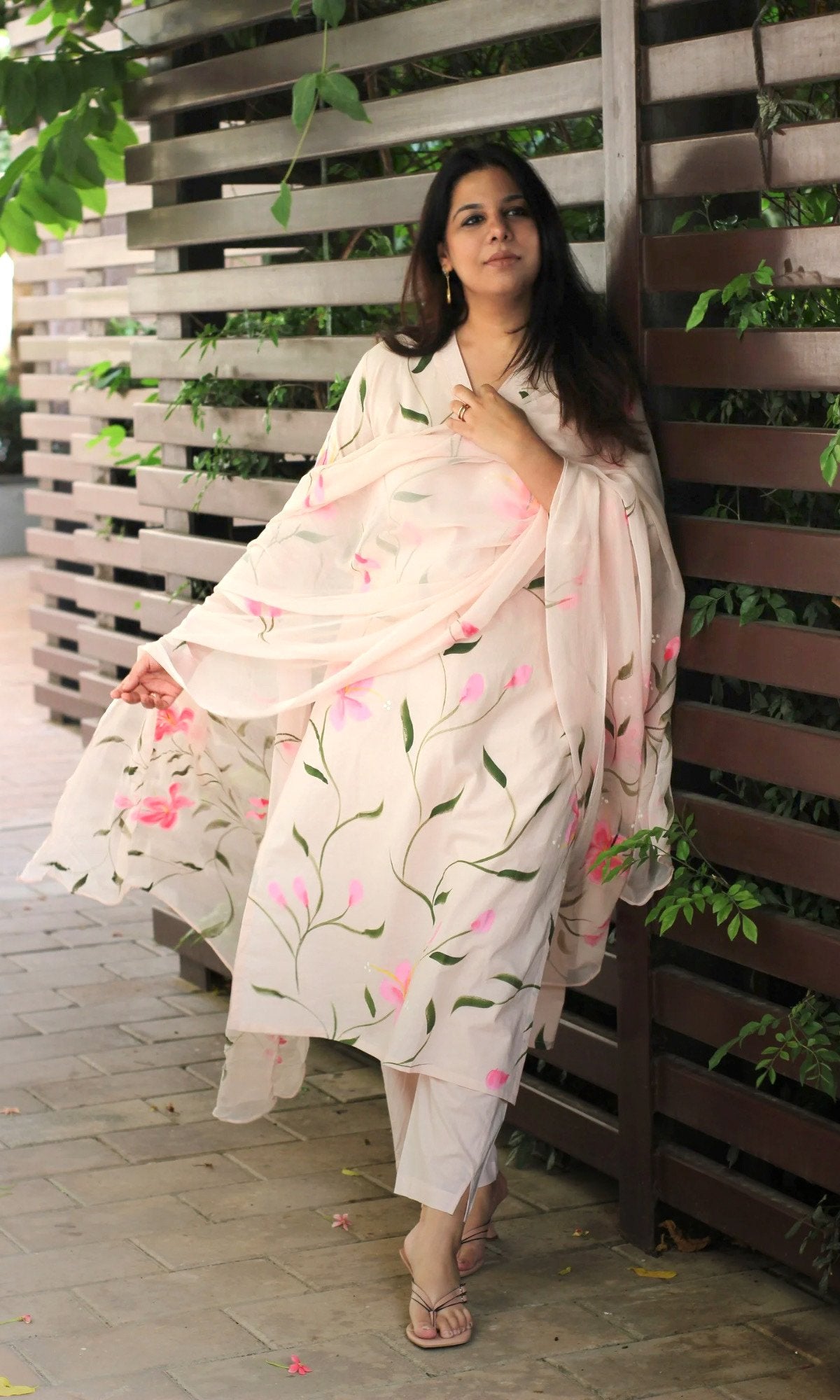 Cotton Pale Pink Handbrush painted suit with chiffon hand painted dupatta - Baareeki