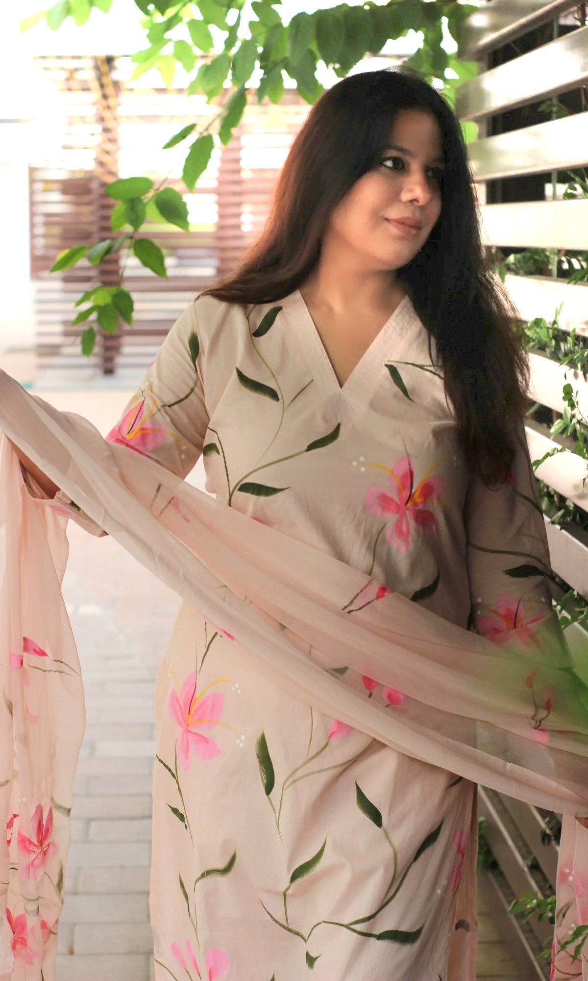 Cotton Pale Pink Handbrush painted suit with chiffon hand painted dupatta - Baareeki