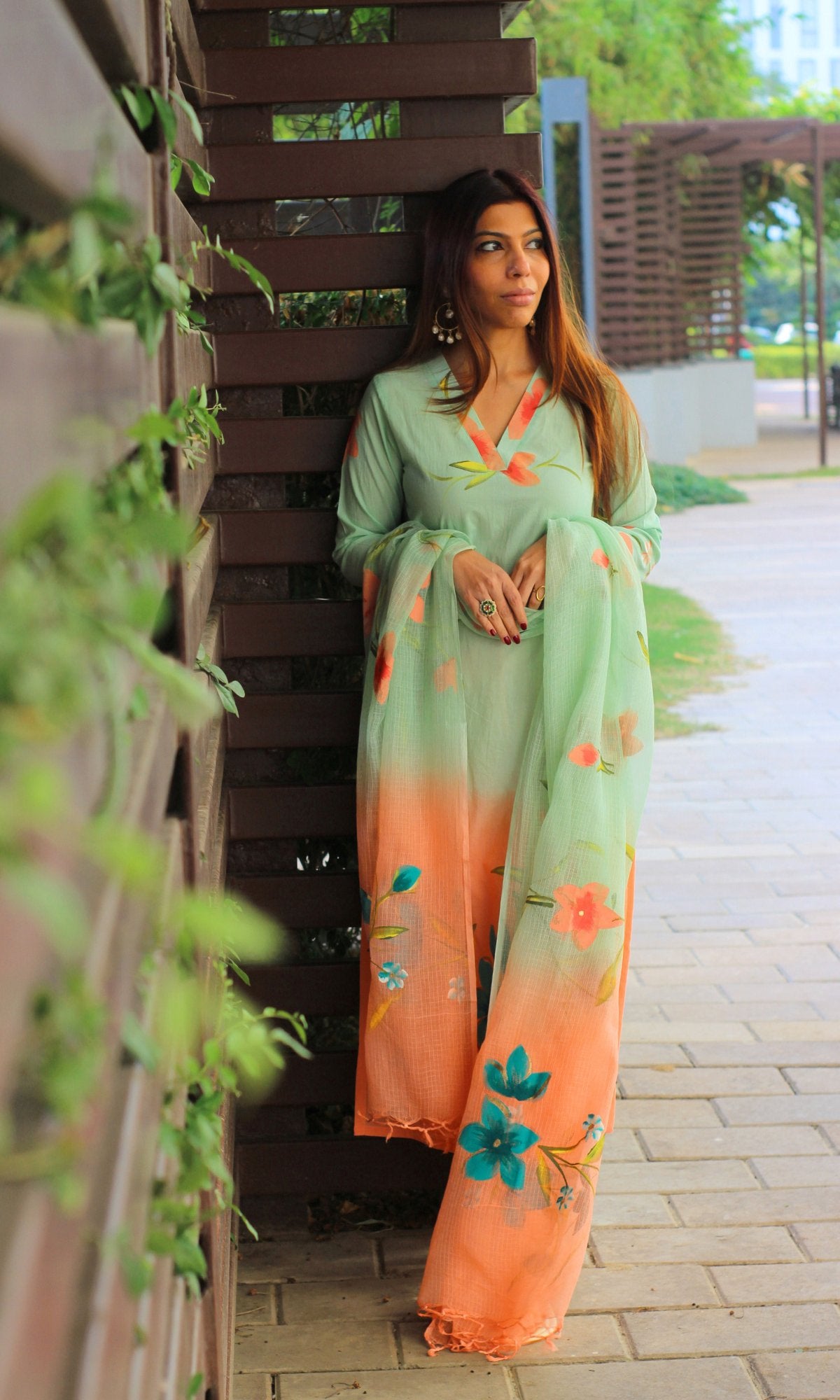 Cotton Pastel Green & Peach Ombré Handbrush Painted Suit with Kota Doria Handpainted Dupatta - Baareeki