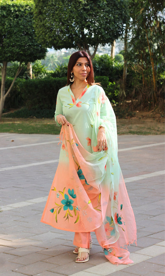 Cotton Pastel Green & Peach Ombré Handbrush Painted Suit with Kota Doria Handpainted Dupatta - Baareeki