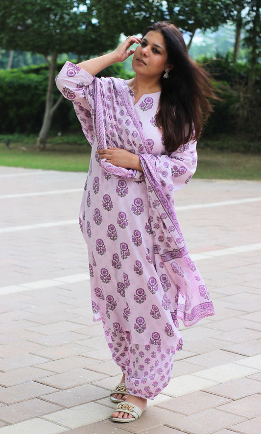 Cotton Pastel Pink & Purple Printed Suit Set with Cotton Printed Dupatta - Baareeki