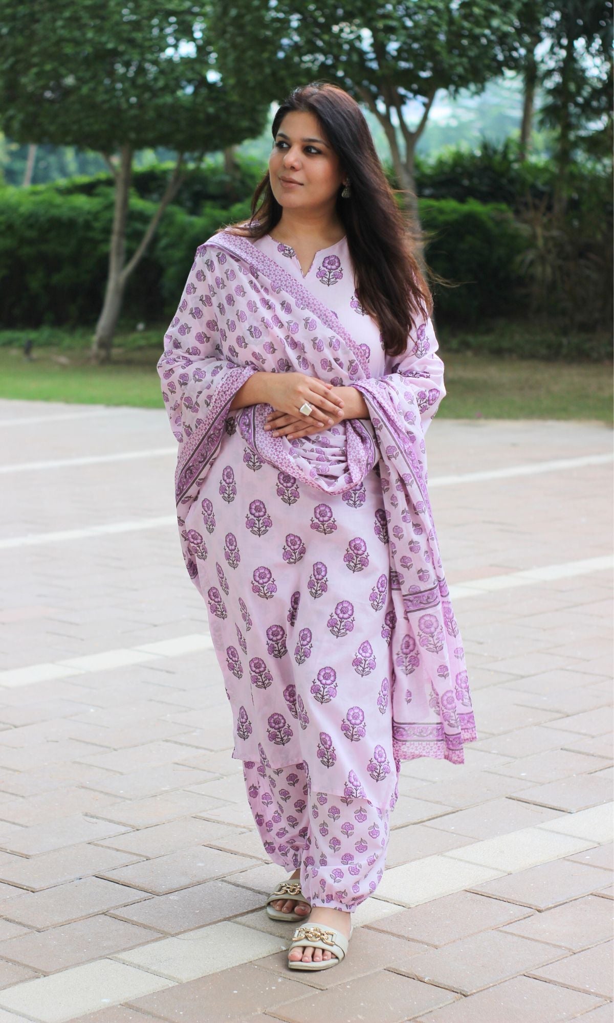 Cotton Pastel Pink & Purple Printed Suit Set with Cotton Printed Dupatta - Baareeki