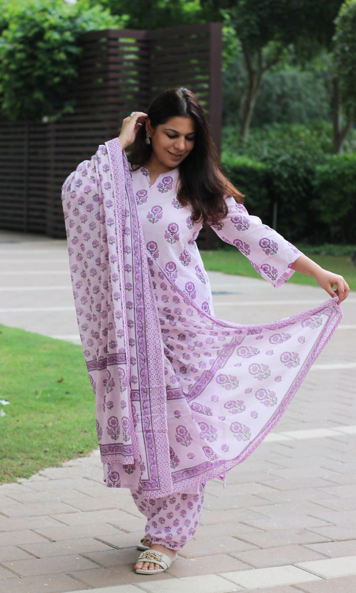 Cotton Pastel Pink & Purple Printed Suit Set with Cotton Printed Dupatta - Baareeki