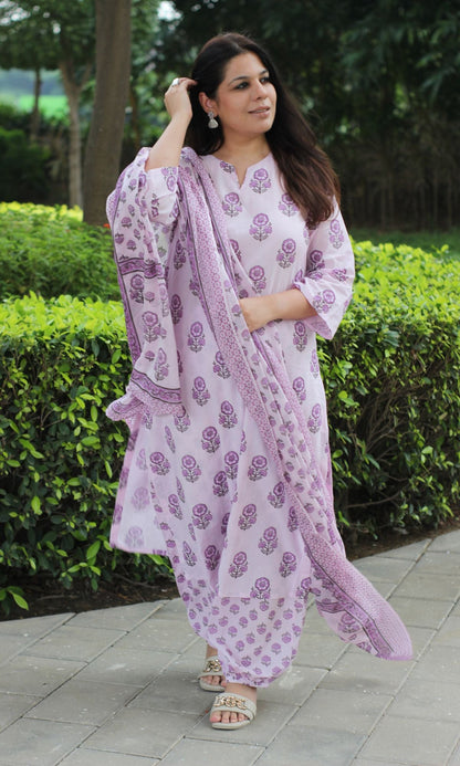 Cotton Pastel Pink & Purple Printed Suit Set with Cotton Printed Dupatta - Baareeki