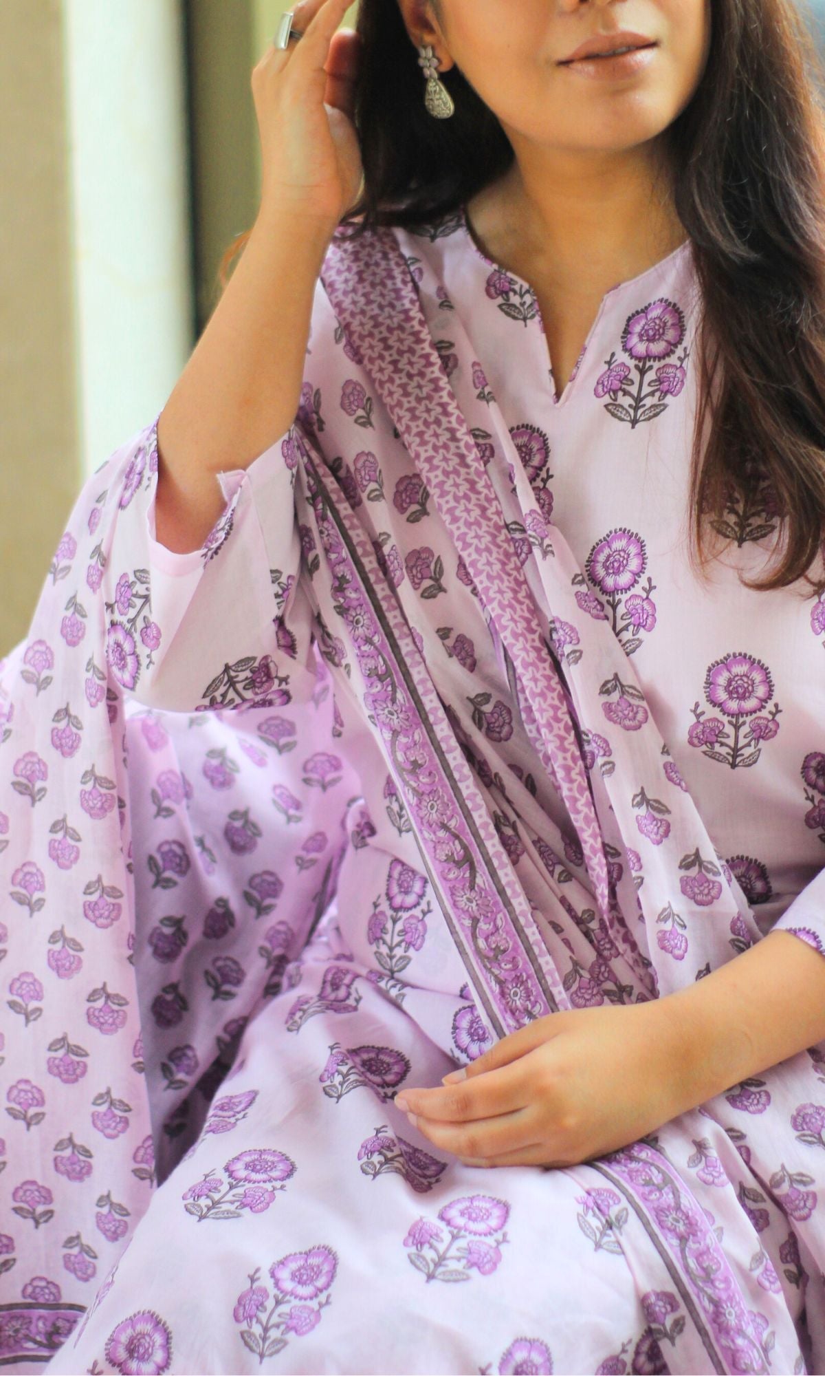 Cotton Pastel Pink & Purple Printed Suit Set with Cotton Printed Dupatta - Baareeki