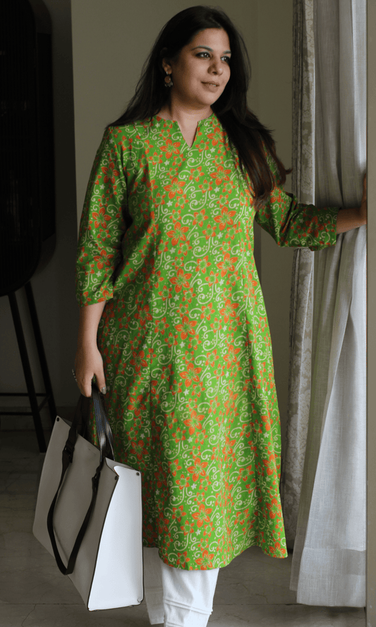 Cotton Pear Green Handblock Kalamkari Print Kali Kurta - Baareeki